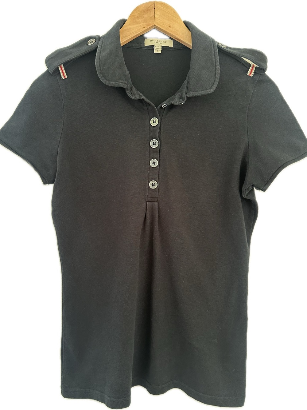 Burberry London Black Polo Top Shoulder Epaulets Nova Check Trim Size L
